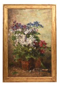 NATURA MORTA DI FIORI, FIORDALISI E MARGHERITE, QUADRI ANTICHI, OLIO SU TELA, XIX SECOLO. (QF736)